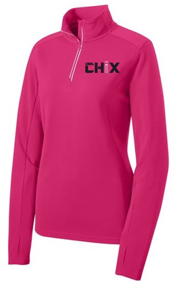 Picture of Chix - Ladies - Sport-Wick Textured 1/4-Zip Pullover by Sport-Tek LST860 -  Black, Iron Grey, Pink Raspberry