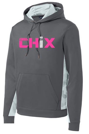 Picture of Chix -  Youth/Adult - Dri fit CamoHex Fleece Colorblock Hooded Pullover by Sport-Tek (Y)ST239 - Dark Smoke Grey/White
