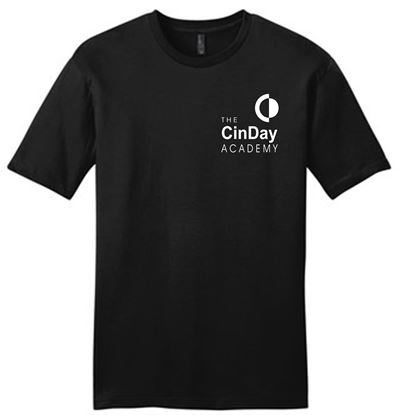 Picture of CinDay Academy - Youth/Unisex - Short Sleeve Tee w/ Left Chest All White Logo by District DT6000(Y)- Black, Grey Frost, or Red
