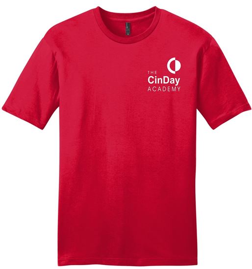 Picture of The CinDay Academy - Youth & Adult/Unisex - Short Sleeve Tee w/ All White Logo by District DT6000(Y)- Black, Grey Frost, or Red