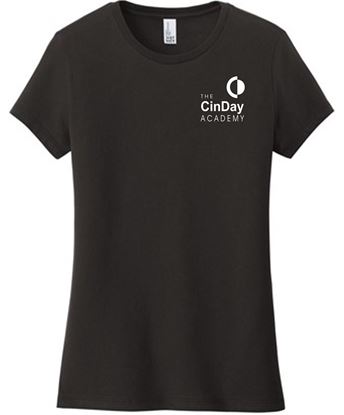 Picture of The CinDay Academy - Ladies - Short Sleeve Tee w/ Left Chest All White Logo by District DT6002 - Black or Grey Frost