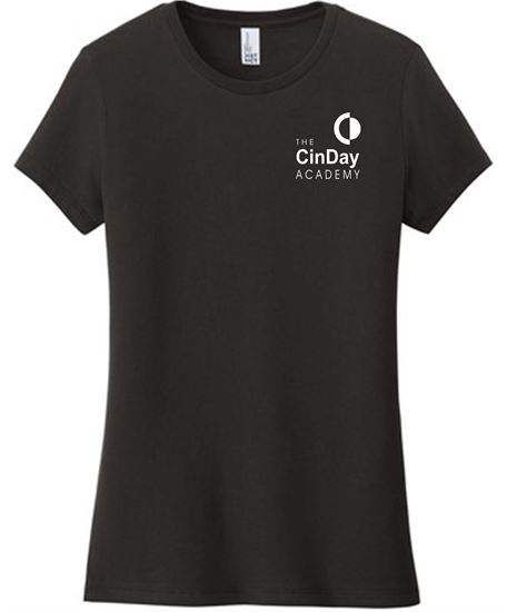 Picture of The CinDay Academy - Ladies - Short Sleeve Tee w/ Left Chest All White Logo by District DT6002 - Black or Grey Frost