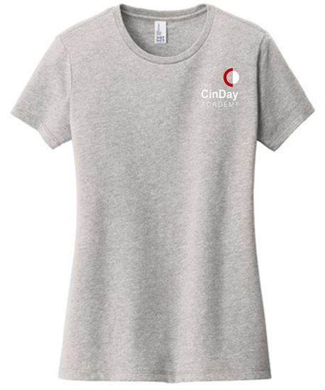 Picture of Cinday Academy - Ladies - Short Sleeve Tee w/ Left Chest Logo by District DT6002 - Black, Light Heather Grey, Red, or White