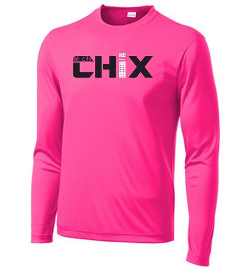 Picture of Chix - Youth/Adult - Dri Fit Long Sleeve by Sports Tek (Y)ST350LS - Black/White Logo - Neon Pink or Silver