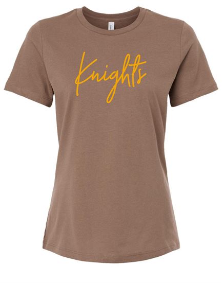 Picture of SDK - Ladies - Relaxed Jersey Short Sleeve Tee w/ Choice of Glitter Logo BC6400 - Vintage Brown or White