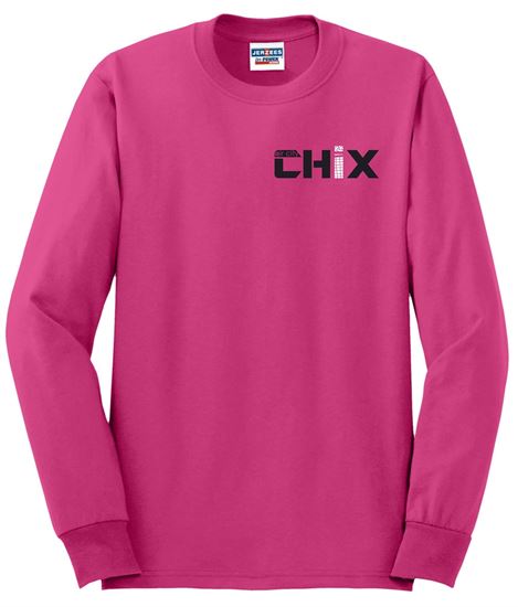 Picture of Chix - Youth/Adult - (Left Chest Logo) Cotton Blend Long Sleeve Tees 5400B/PC54YLS/G2400/29LS - Black/White Logo - Cyber Pink or Sports Grey