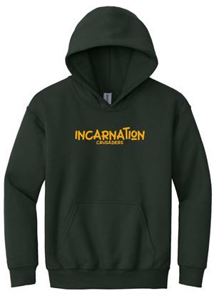 Picture of Incarnation - Youth -  Heavy Blend Hooded Sweatshirt Logo by Gildan 18500B - Forest Green, Sports Grey, or White