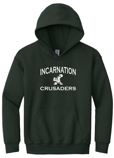 Picture of Incarnation - Youth/Unisex -  White Stacked Logo Heavy Blend Hooded Sweatshirt by Gildan 18500(B) - Forest Green, Gold, Light Pink, or Sports Grey