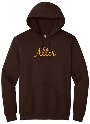 Picture of Alter High School - Adult/Unisex - Heavy Blend Hooded Sweatshirt w/ GLITTER Script Logo by Gildan 18500 - Brown, Gold, or White