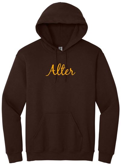 Picture of Alter High School - Adult/Unisex - Heavy Blend Hooded Sweatshirt w/ GLITTER Script Logo by Gildan 18500 - Brown, Gold, or White