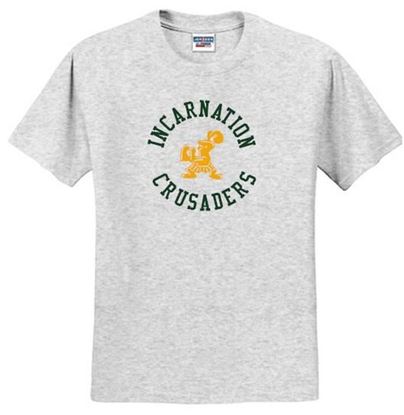 Picture of New!! Incarnation - Youth/Unisex - Short Sleeve Tee 2 Color Circle Logo by Jerzees 29M(B) - Ash, Athletic Heather, Classic Pink, Gold, or White