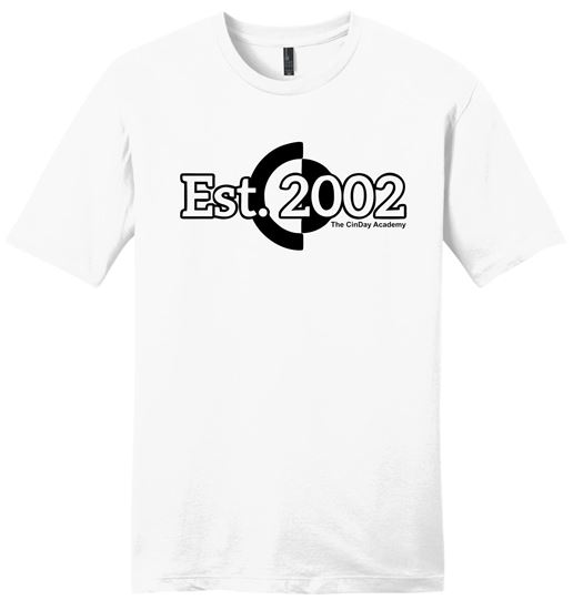 Picture of CinDay Academy - Youth/Unisex - V.I.T. Short Sleeve Tee w/ EST. Logo by District DT6000(Y) - Grey Frost, Heathered Red, or White