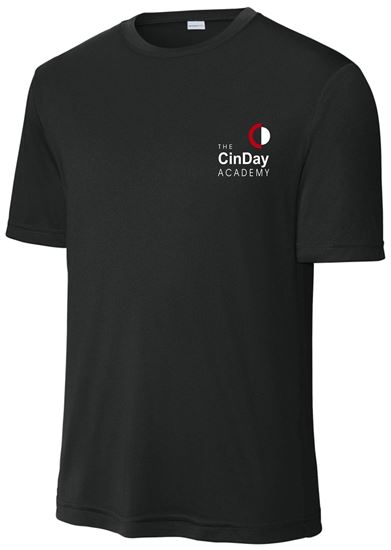 Picture of The CinDay Academy - Youth & Adult/Unisex - Dri Fit Short Sleeve Tee w/ Left Chest Logo by Sports Tek (Y)ST350 - Black, Grey Concrete Heather, Red, or White
