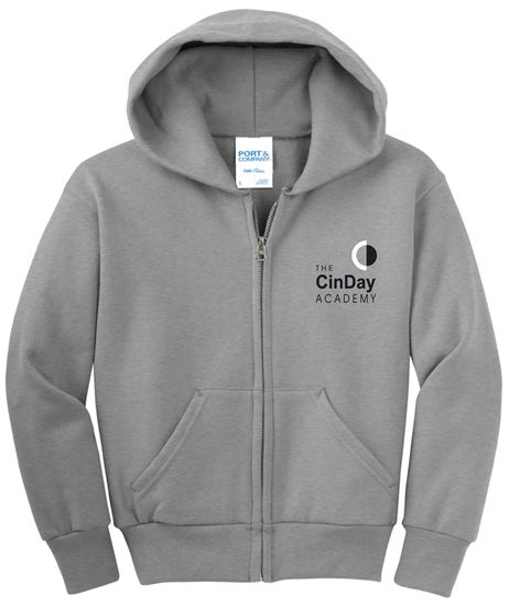 Picture of CinDay Academy - Youth/Unisex - Essential Fleece Full Zip Hooded Sweatshirt by Port & Company PC90(y)zh - Athletic Heather, Jet Black, or White