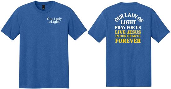 Picture of Our Lady Of Light - Youth & Adult/Unisex -  DryBlend 50/50 Poly Blend Tee w/ Pray For Us Logo by Gildan 8000(b)  - Royal