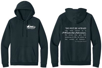 Picture of St. John Paul II Fleece Adult/Unisex Hoodie by District DT6100 - Left  Chest - Black, Heathered Charcoal, Military Green, Or Teal