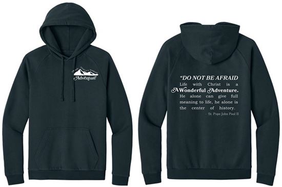 Picture of St. John Paul II Fleece Adult/Unisex Hoodie by District DT6100 - Left  Chest - Black, Heathered Charcoal, Military Green, Or Teal