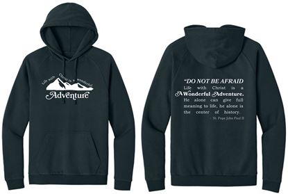 Picture of St. John Paul II Fleece Adult/Unisex Hoodie by District DT6100 - Full Chest - Black, Heathered Charcoal, Military Green, Or Teal