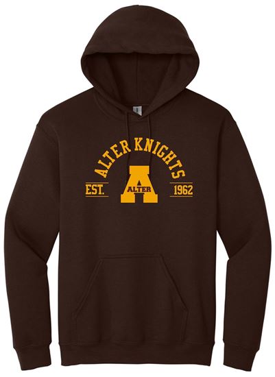 Picture of $8 OFF - Alter - Adult Large - Heavy Blend Hooded Sweatshirt w/ Arched EST. Logo by Gildan 18500 - Brown - Only 1