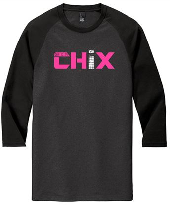 Picture of NEW COLORS! Chix - Adult- 3/4 Sleeve Raglan by Distract DM136 - Black/Black, Black/Grey or Black/White
