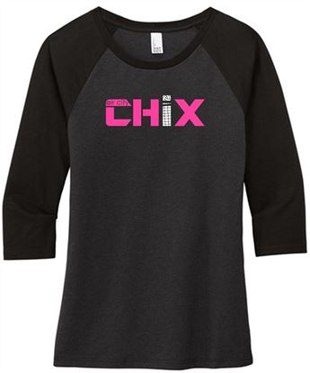 Picture of NEW COLORS! Chix - Ladies - 3/4 Sleeve VERY FITTED Raglan by District DM136l - Black/Black, Black/Grey, Black/White or Pink/Grey
