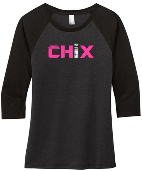 Picture of NEW COLORS! Chix - Ladies - 3/4 Sleeve VERY FITTED Raglan by District DM136l - Black/Black, Black/Grey, Black/White or Pink/Grey