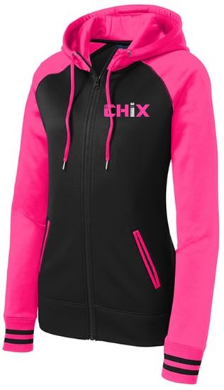 Picture of New! Chix -Ladies - Sport-Wick® Varsity Fleece Full-Zip Hooded Jacket by Sport Tek LST236 - Black/Pink or Black/Grey