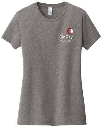 Picture of The CinDay Academy - Ladies - Short Sleeve Tee w/ Left Chest Logo by District DT6002 - Black, Grey Frost, Light Heather Grey, Red, or White