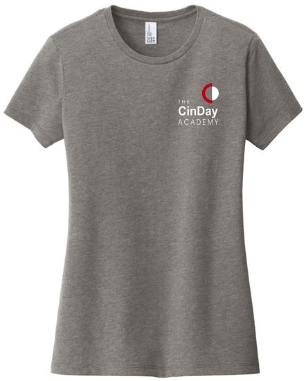 Picture of The CinDay Academy - Ladies - Short Sleeve Tee w/ Left Chest Logo by District DT6002 - Black, Grey Frost, Light Heather Grey, Red, or White