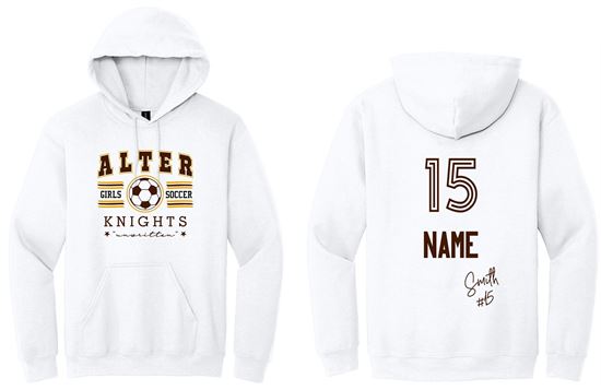 Picture of Alter Girls Soccer - Adult/Unisex - Softstyle Midweight Pullover Hooded Sweatshirt by Gildan SF500 - Sand, Sports Grey, or White (Logo 1)