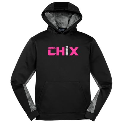 Picture of CHiX - Youth - Team Gear Dri-fit CamoHex Fleece Colorblock Hooded Pullover by Sport-Tek  YST239 - Black/Dark Smoke Grey