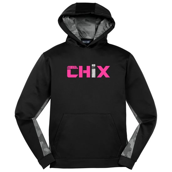 Picture of CHiX - Youth - Team Gear Dri-fit CamoHex Fleece Colorblock Hooded Pullover by Sport-Tek  YST239 - Black/Dark Smoke Grey