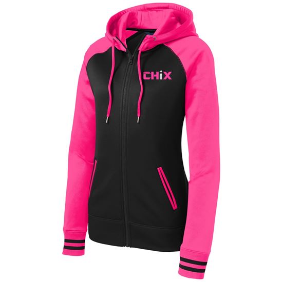 Picture of CHiX - Ladies - Sport Wick Varsity Fleece Full-Zip Hooded Jacket by Sport Tek LST236 - Black/Pink or Black/Grey