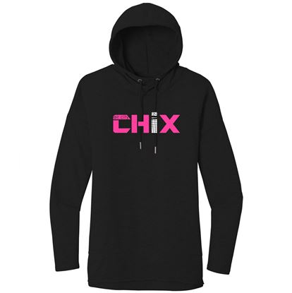 Picture of CHiX - Ladies -  Women’s Featherweight Long Sleeve Hooded Tee  By District DT671 - Black or Light Heather Grey